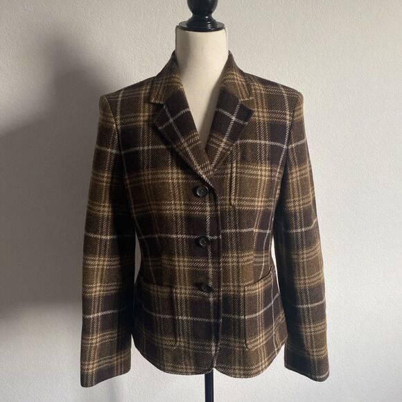 Lands’ End Wool Blazer Vtg Brown Plaid 3-Button Lined Academia Jacket Sz 8 - Picture 2 of 14